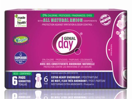 Eco Certified Extra Heavy Overnight   Postpartum Menstrual Pads with Anion Strip, 6 ct, Genial Day For Discount