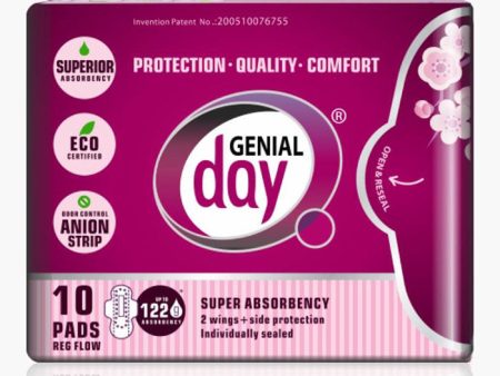 Eco Certified Regular Flow Menstrual Pads with Anion Strip, 10 ct, Genial Day Online